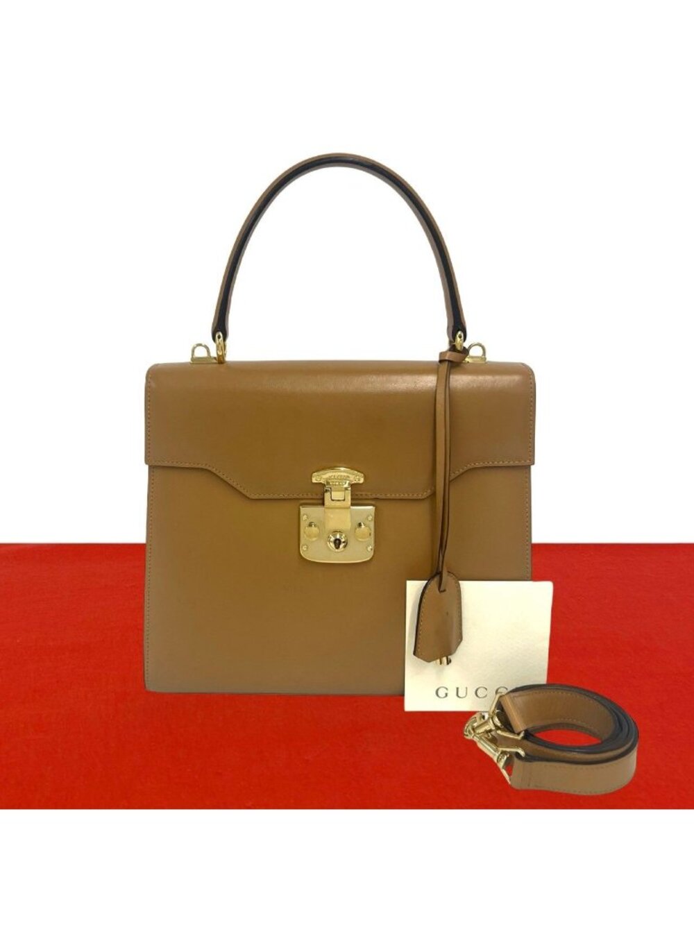 Gucci Vintage Ladylock Logo Leather 2-Way Shoulder Bag Brown